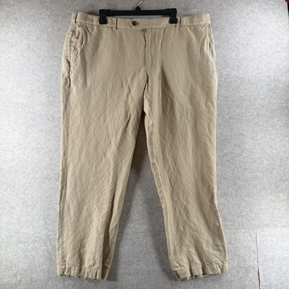 Brooks Brothers Milano Pants 42x30 Tan‎ Linen Cotton Blend Flat Front Trousers
